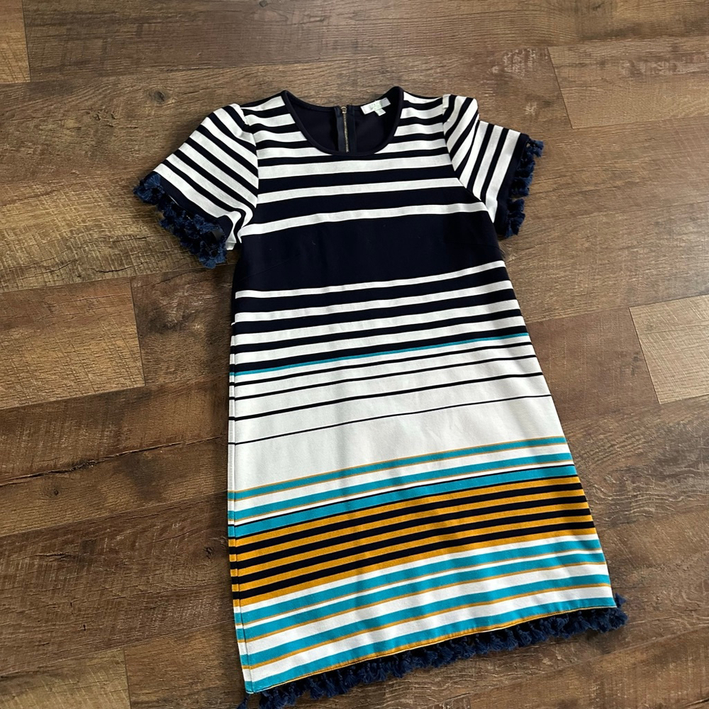 Women's JADE Striped Tassel Mini Dress in Navy and White, Size S